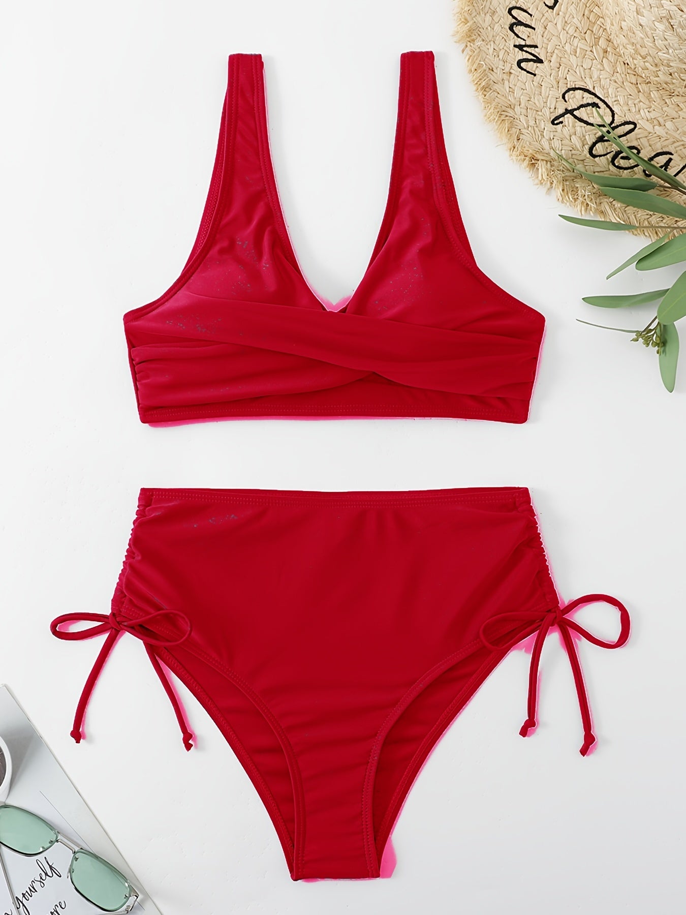 Layered V Neck Bikini Set High Waist Solid Two Piece Swimsuit