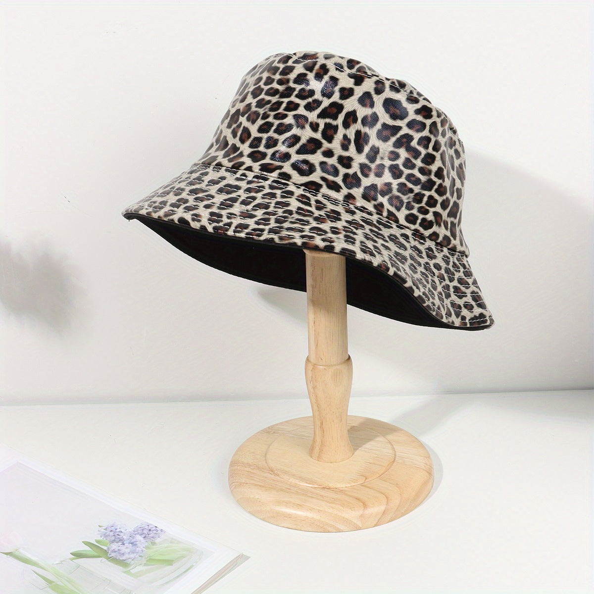 Leopard Print Reversible Bucket Hat PU Leather Waterproof Hip Hop Suns