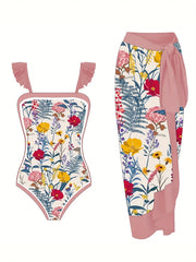 Plus Floral Ruffle Bodysuit & Wrap Dress Swimsuit Set