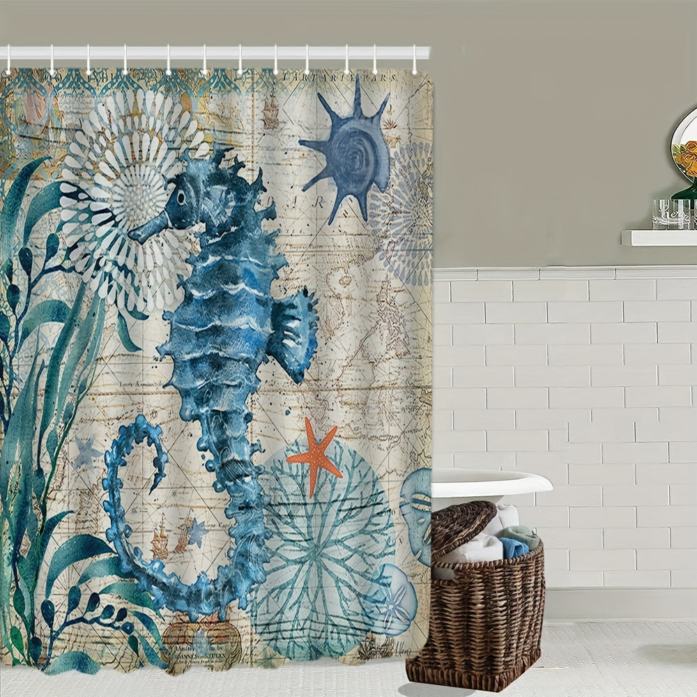 Seahorse Shower Curtain Set with Bathroom Rug and Hooks