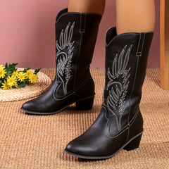 Women's Retro Embroidered Mid Calf Cowgirl Boots