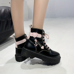 Pink Heart Pattern Combat Boots Chunky Heel Side Zipper Platform Boots