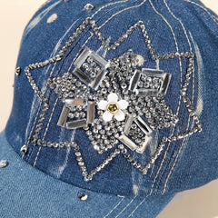 Rhinestone Flower Denim Baseball Cap Sun Hat for Women