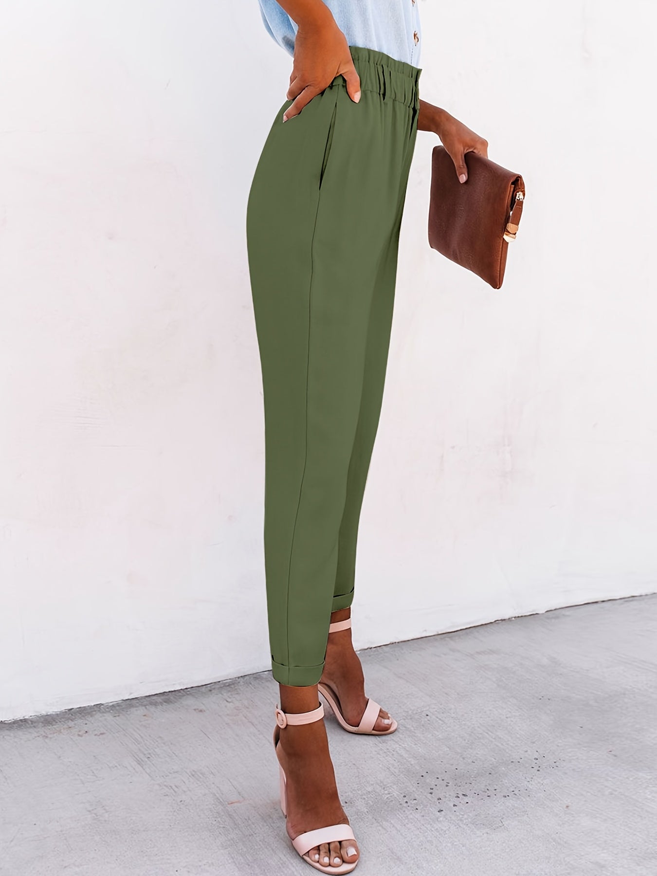Ruffled Elastic Waist Casual Pants - Solid High Waist Athleisure