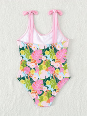 Girl's Tropical Plant Pattern Onesie Swimsuit with Bowknot Tankini