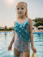Girls Stretchy Frill Trim Cross Back Swimwear Bathing Suit