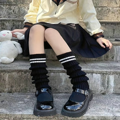 Striped Rib Knit Leg Warmers College Style All match Knee High Socks