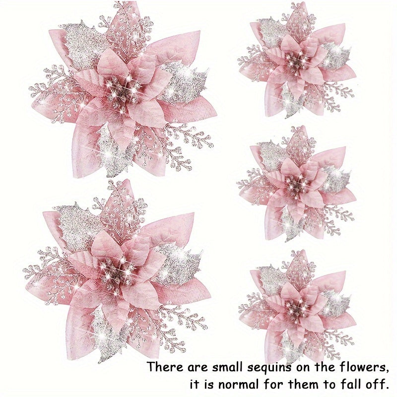 5pcs Glitter Christmas Flowers Xmas Tree Ornaments Decorations