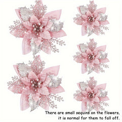 5pcs Glitter Christmas Flowers Xmas Tree Ornaments Decorations