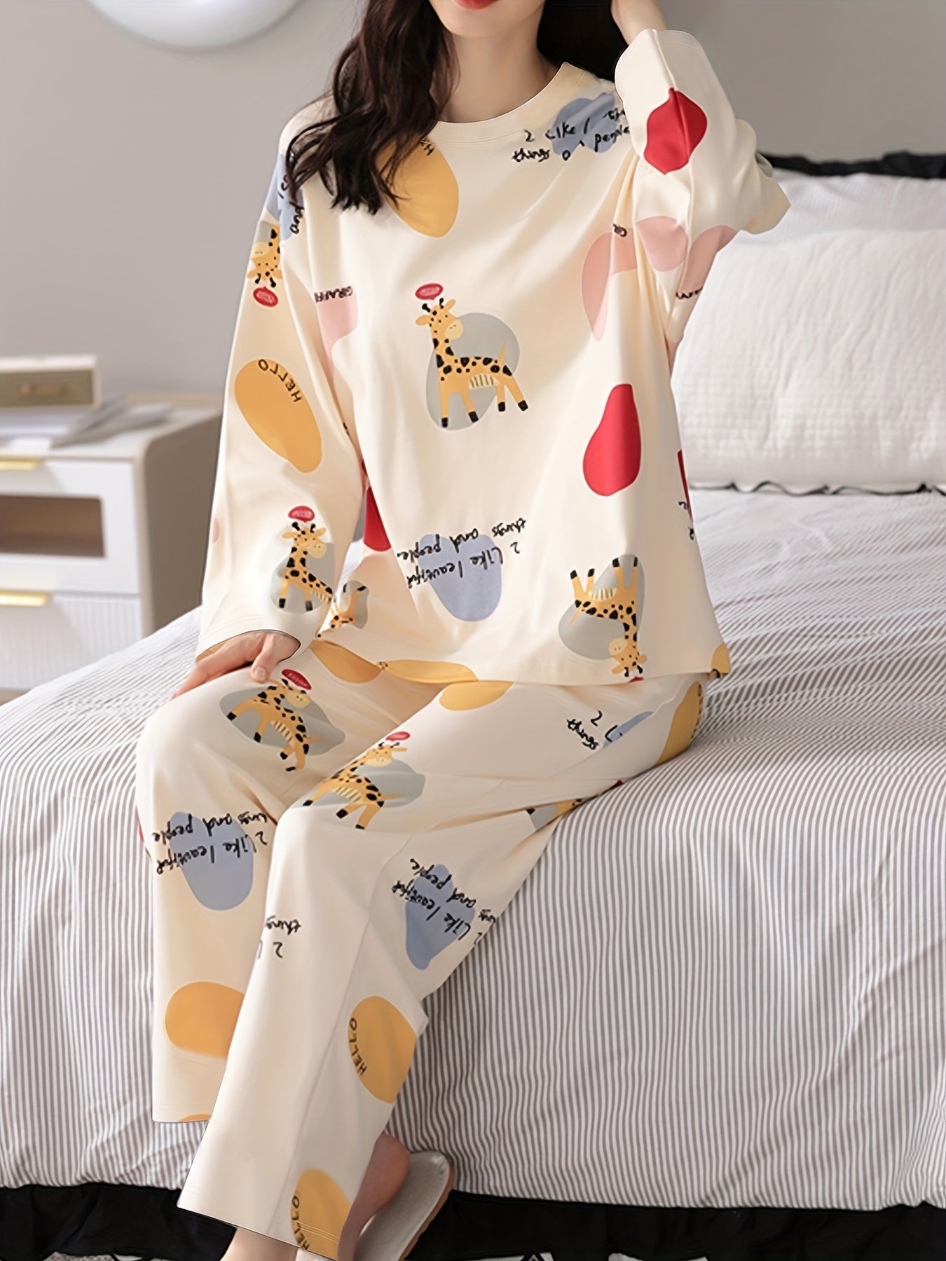 Cartoon Fawn Pajama Set Long Sleeve Crew Neck Top & Pants