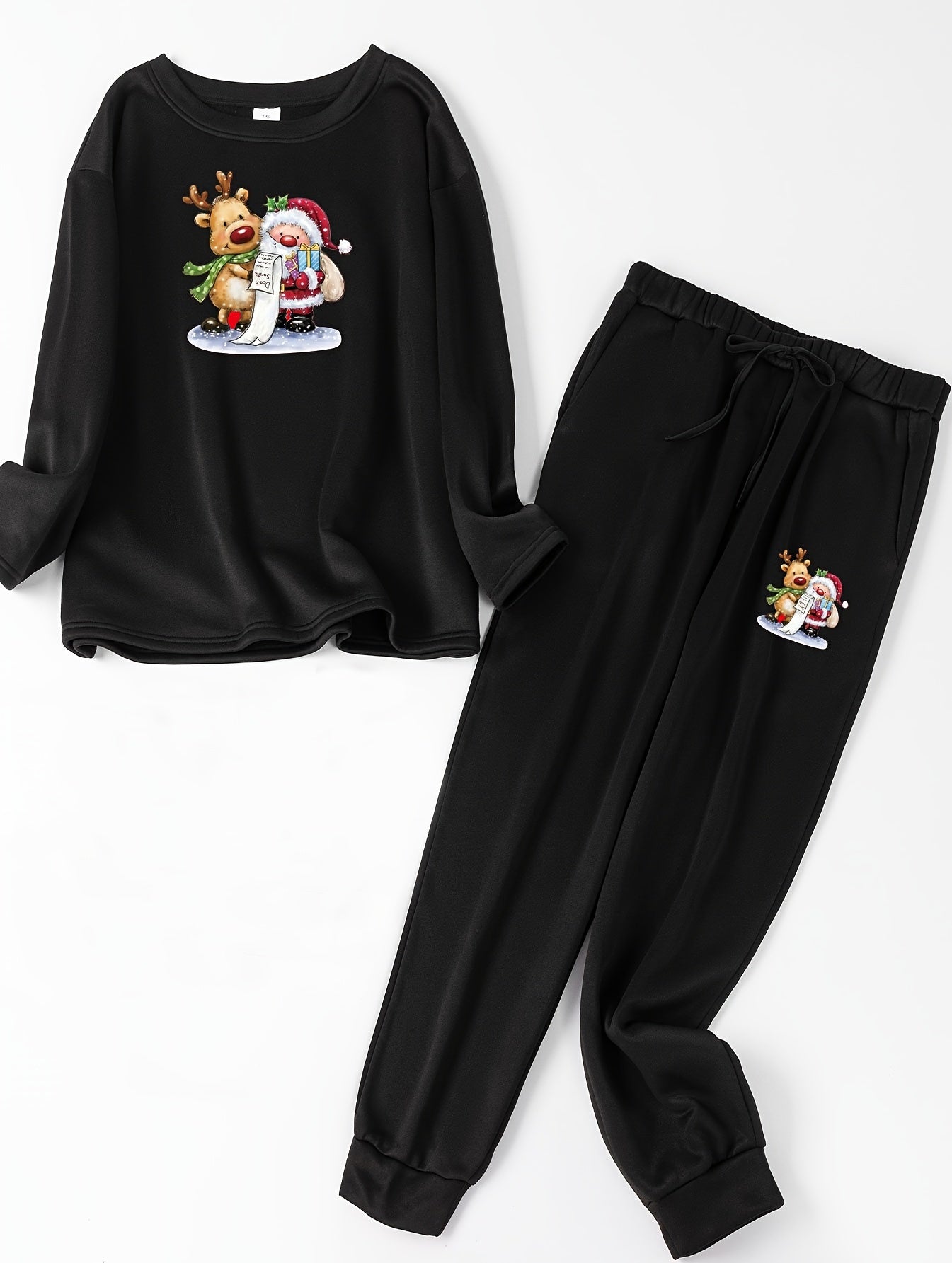 Women's Plus Size Santa Claus & Elk Print Fleece Lounge Set