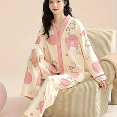 Duck Print Pajama Set Long Sleeve V Neck Top & Pants