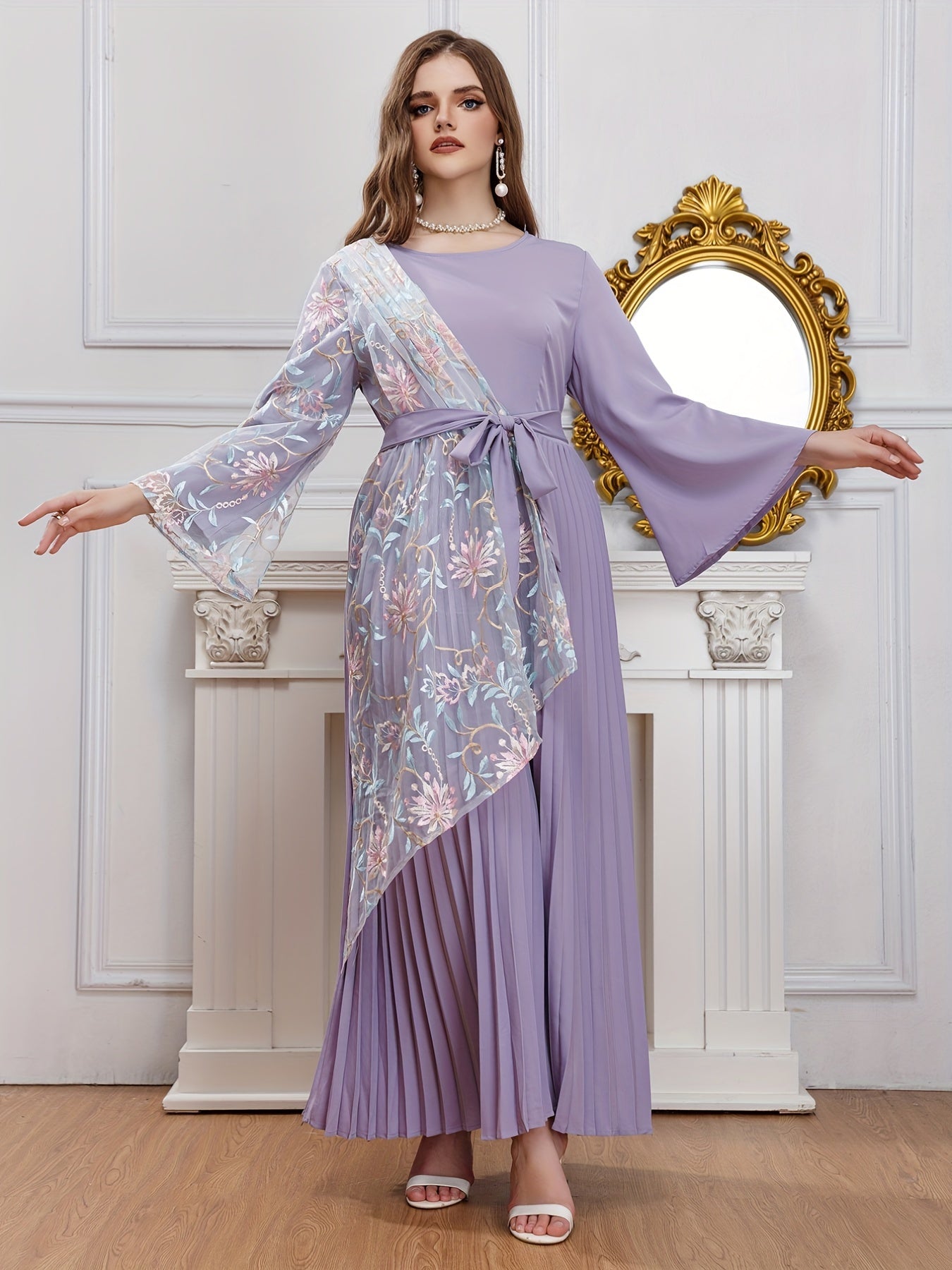 Abaya Dress Women's Plus Contrast Lace Bell Sleeve