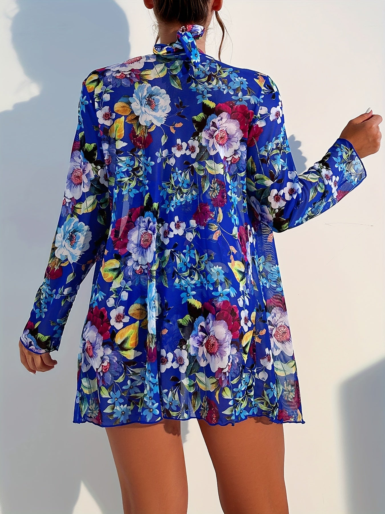 Floral Print Halter One piece Swimsuit & Cover Up Set