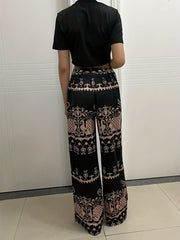 Summer Two Piece Set Short Sleeve Crop Tee & Chain Print Wide Leg Pants