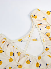 Girls Cartoon Fruit Ruffle Trim Long Sleeve 1pc Swimwear