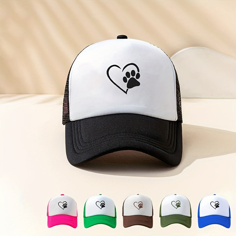Heart Dog Paw Trucker Hat Printed Mesh Breathable Baseball Cap Unisex