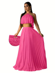 Solid Pleated Two piece Set Sleeveless Cropped Cami Top & High Waist Maxi Skirts