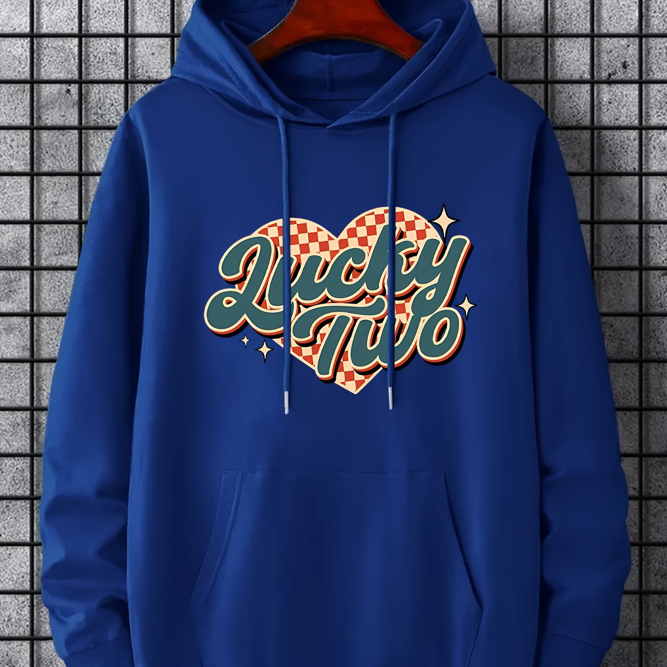Men's Lucky Two Print Hoodie Casual Slightly Stretch Drawstring Hooded Sweatshir