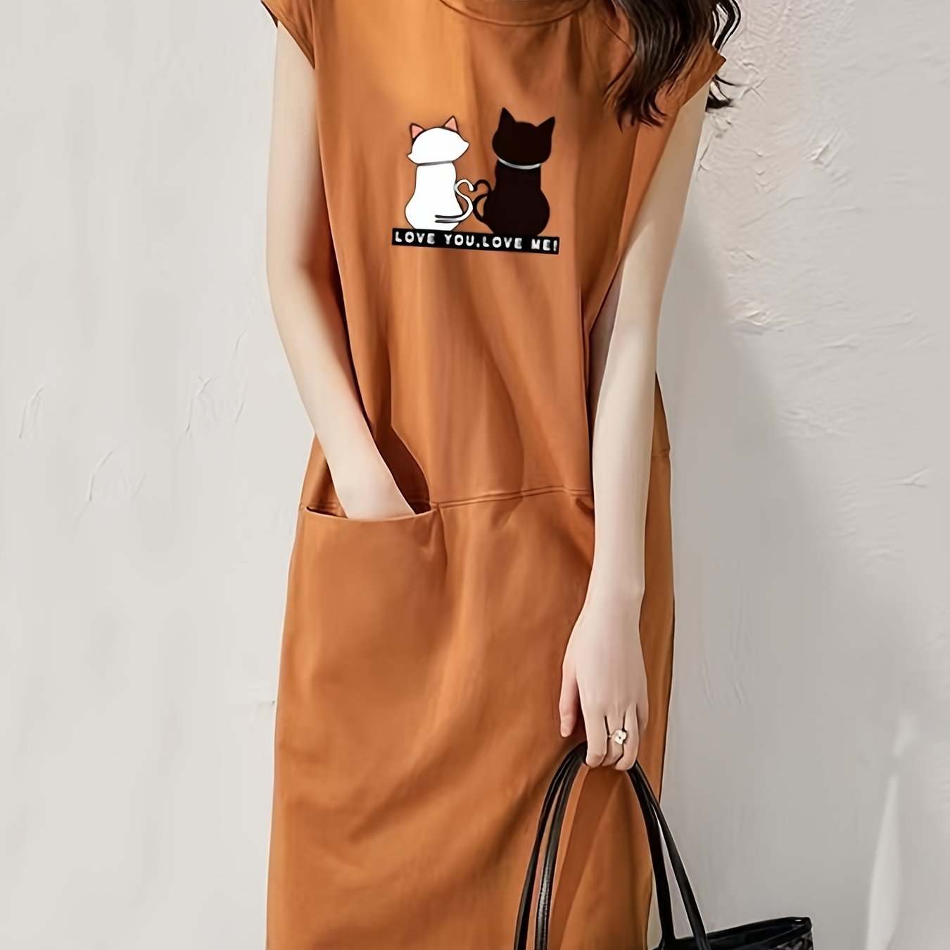 Cat Print Lounge Dress Sleeveless Over the Knee Dress Women's Loungewear