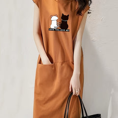 Cat Print Lounge Dress Sleeveless Over the Knee Dress Women's Loungewear