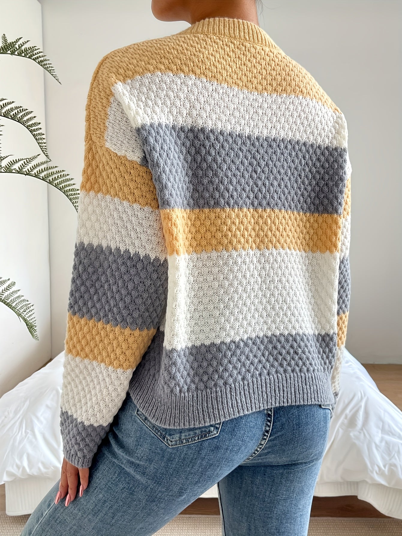 Striped Print Crew Neck Sweater for Fall & Winter