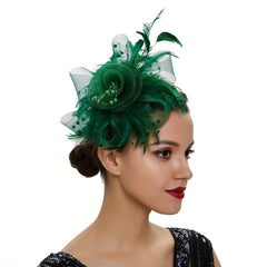 Hat Flower Hair Clip Mesh Ribbons Faux Feathers Headband Char...
