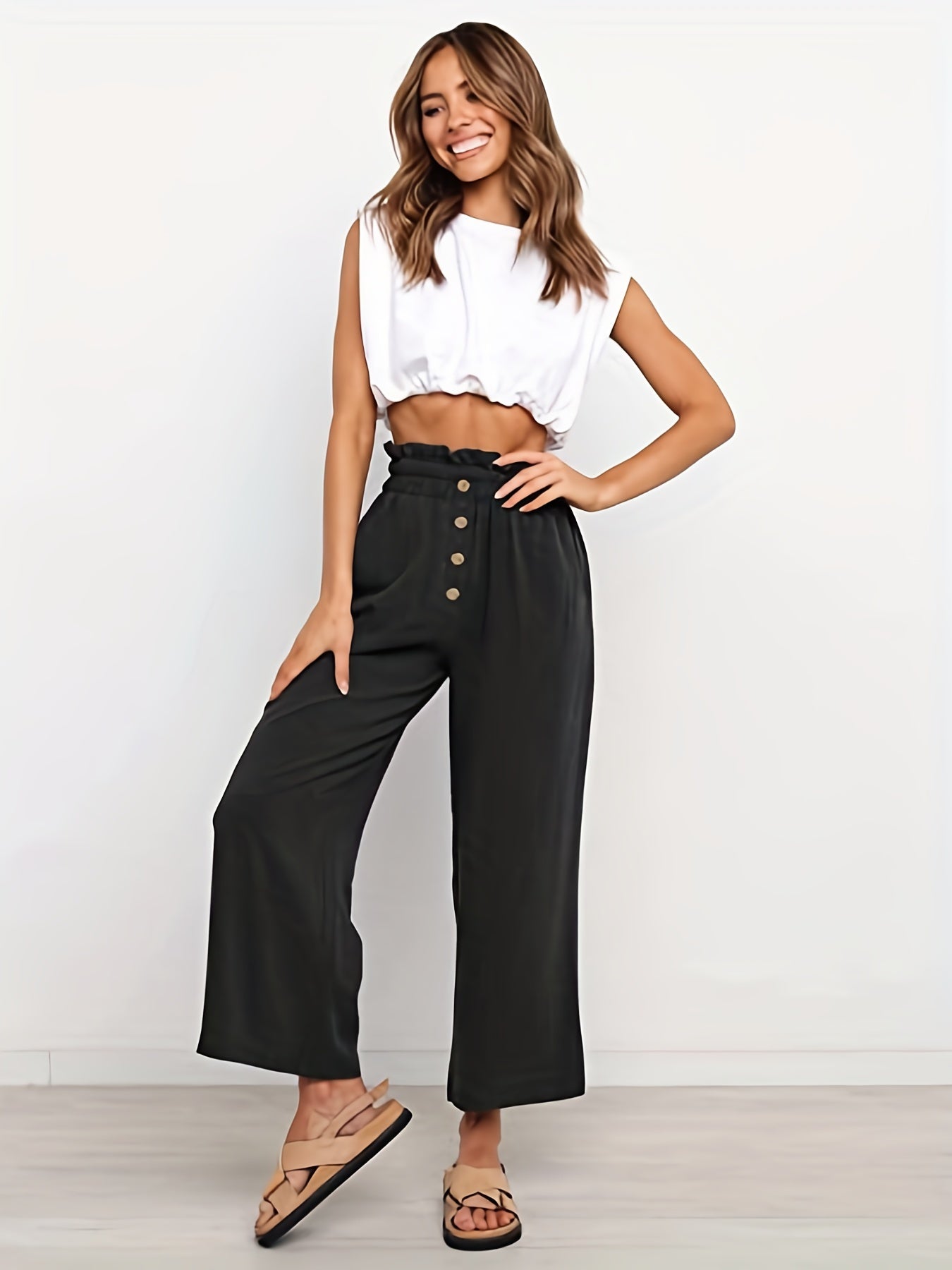 Solid Button Wide Leg Pants Casual Paper Bag Waist Pants