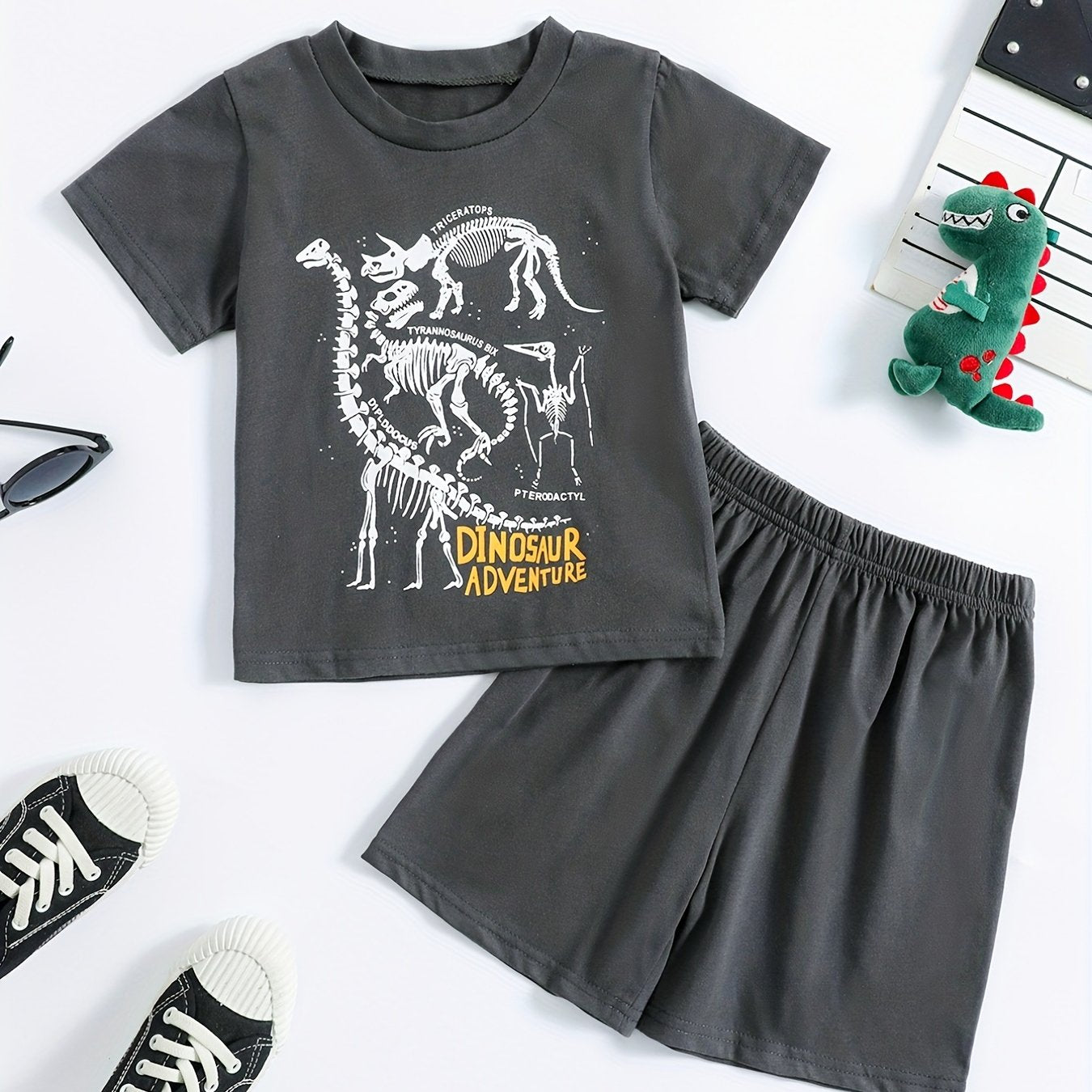 2pcs Dinosaur Print T shirt & Shorts Set For Boys Teen Summer