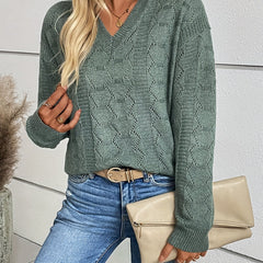 Eyelet V Neck Pullover Sweater for Fall & Winter