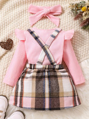 2PCS Toddler Baby Girl Outfit Long Sleeve Tops & Plaid Suspender Dress Set