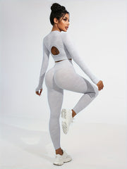 2pcs Slim Fit Yoga Sports Set Solid Long Sleeve Crop Tops & High Waist