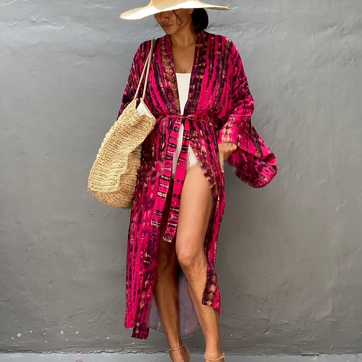 Tie Dye Striped Long Sleeve Kimono with Belt