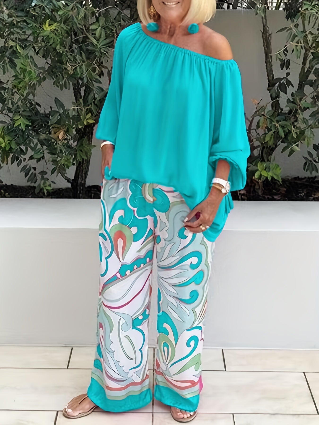 Women's 2 Piece Set Solid One Shoulder Top & Leaf Print Pants Outfits