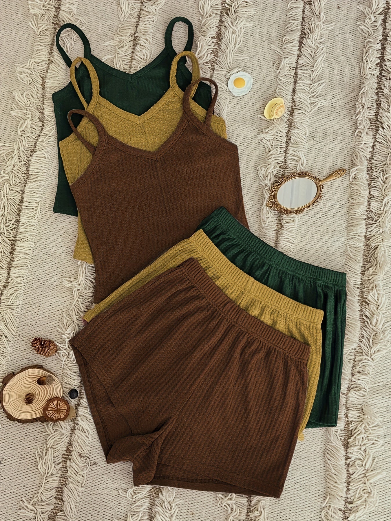 Waffle Knit Pajama Set: V Neck Cami Top & Shorts - 6 Pc