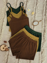 Waffle Knit Pajama Set: V Neck Cami Top & Shorts - 6 Pc