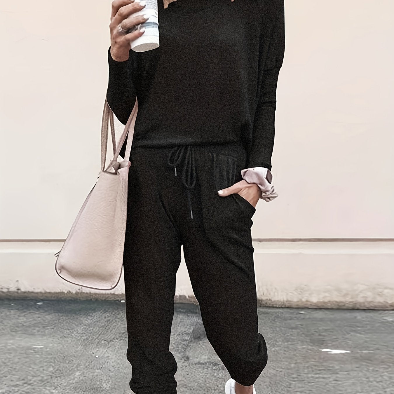Solid Casual Two piece Set Crew Neck Long Sleeve Tops & Workout Pants