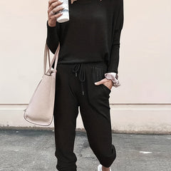 Solid Casual Two piece Set Crew Neck Long Sleeve Tops & Workout Pants