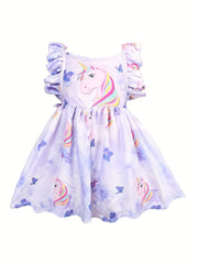 Girl's Princess Dress Sleeveless Ruffle Unicorn Print Dress