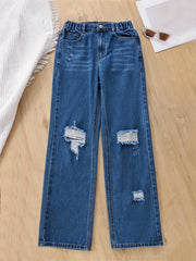 Girls Ripped Denim Pants Comfortable Jeans For Sports Kids