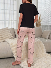 Cat Print Pajama Set Short Sleeve Top & Pant