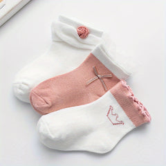 3 Pairs Baby Girls Lace Crew Socks Flower Embroidery Princess Socks