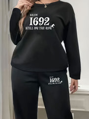 Plus Size Women's Slogan Print Fleece Top & Pants Set