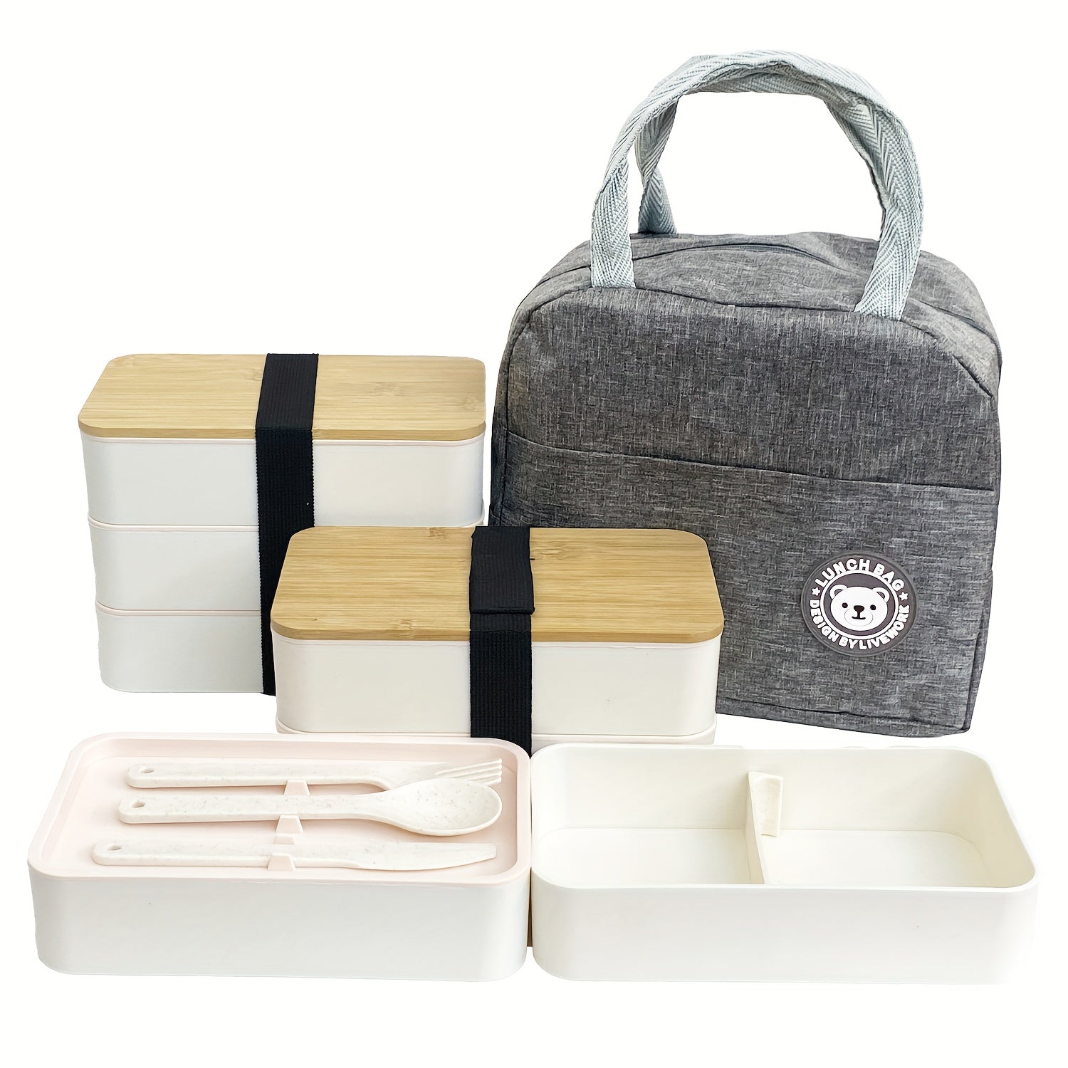 Japanese Style Lunch Box with Insulation Bag Bamboo Lid Large Capacity