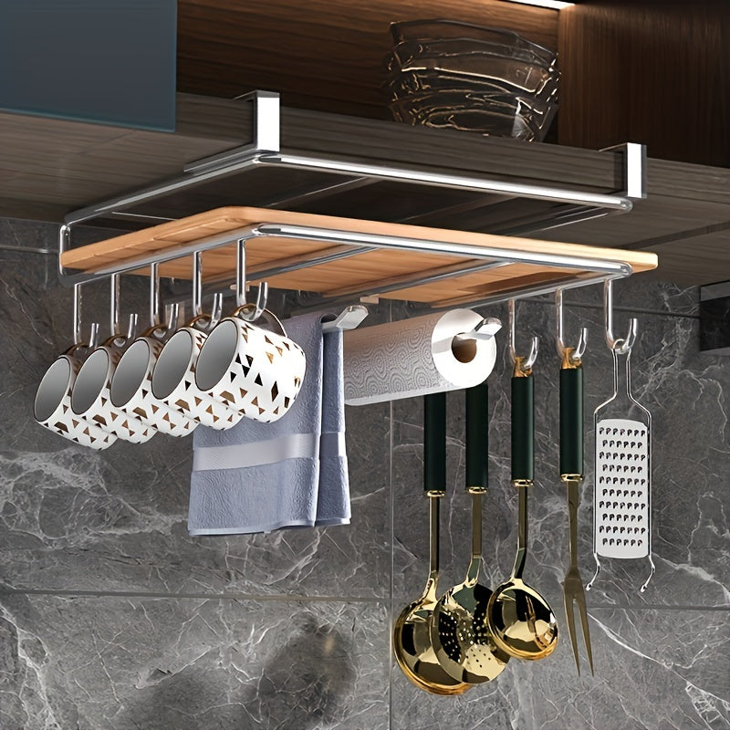 Stainless Steel Kitchen Storage Rack with Hooks and Paper Towel Holder
