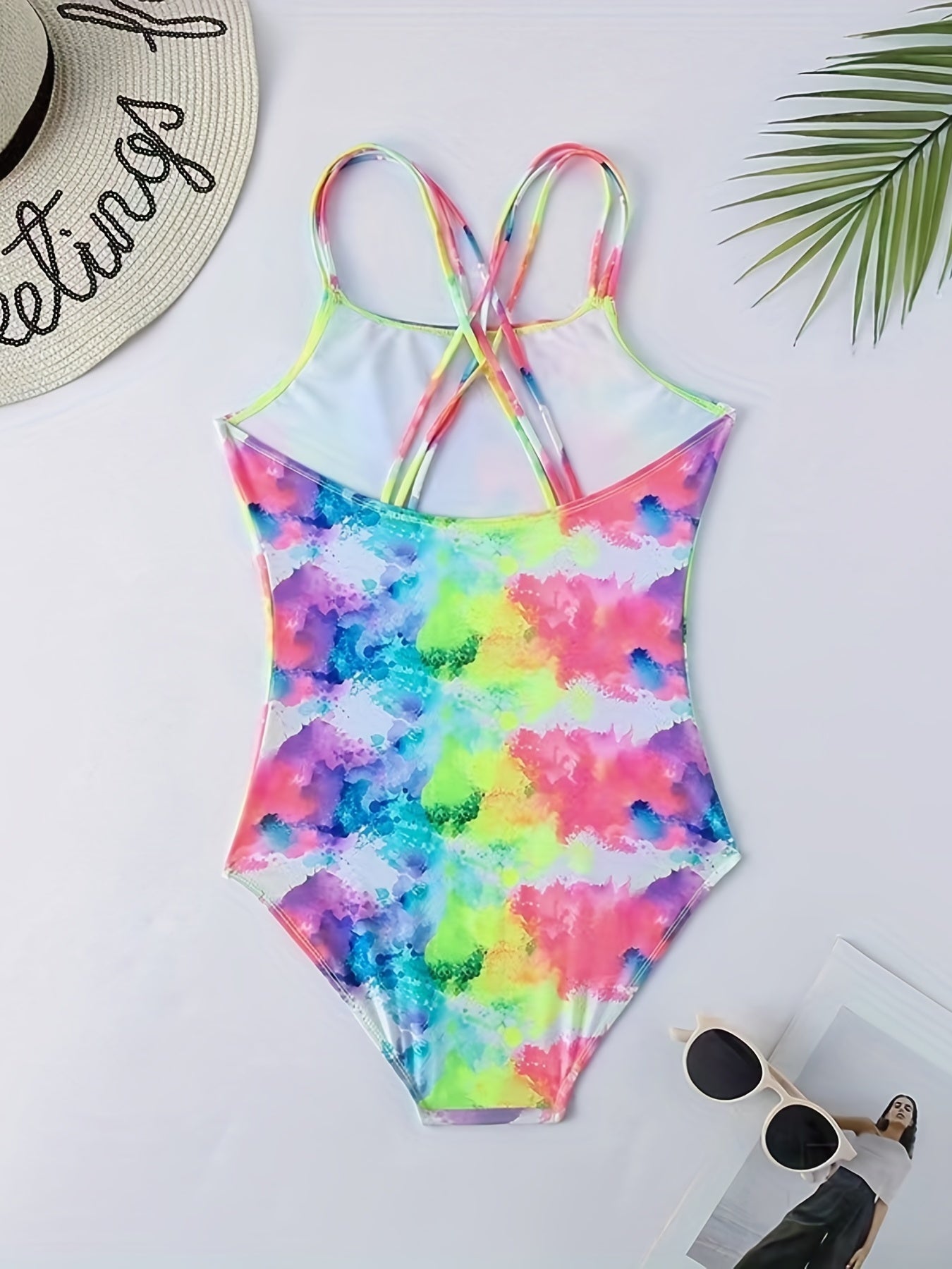 Girls' Tie Dye Hawaiian Swimsuit Iridescent Graphic Mid Stretch Suspenders