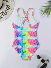 Girls' Tie Dye Hawaiian Swimsuit Iridescent Graphic Mid Stretch Suspenders