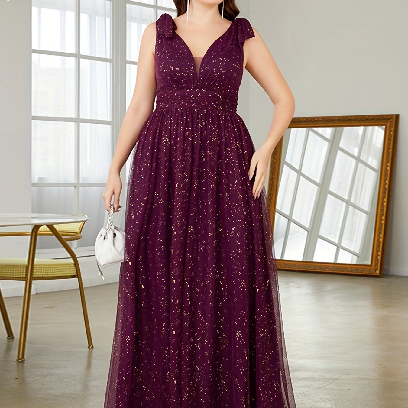 Glitter Bow Knot Sleeveless V Neck Maxi Formal Dress