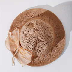 Khaki Hollow Out Sun Hat Ribbon Bowknot Summer Bucket Hat