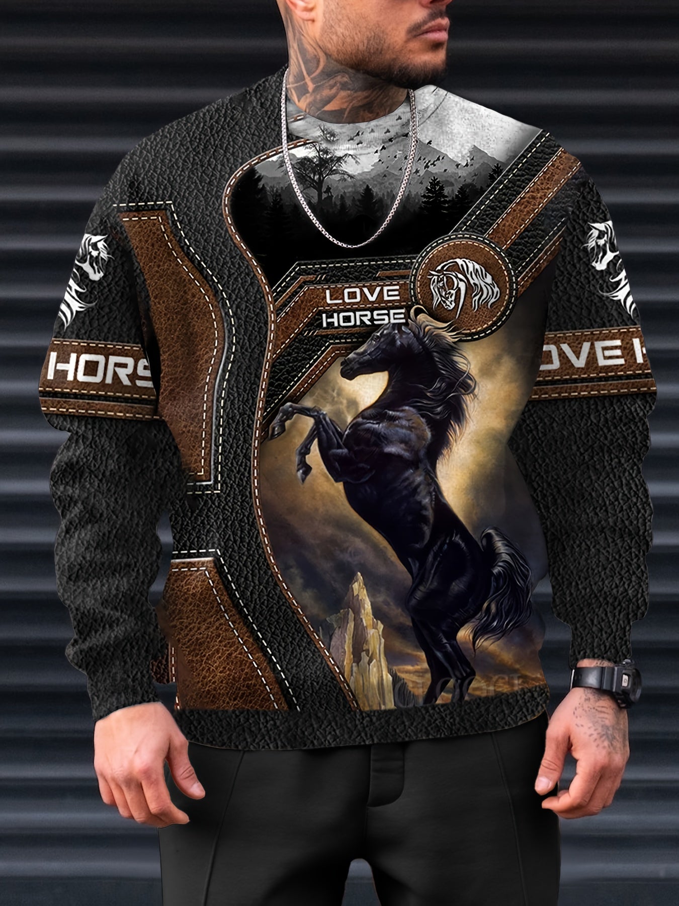 Horse 3D Print Men's Graphic Round Neck Sweatshirt Loose Pullover